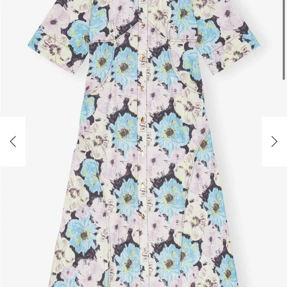 Ganni Floral Long Sleeve Dress in Blue and Cream - Picture 4 of 5